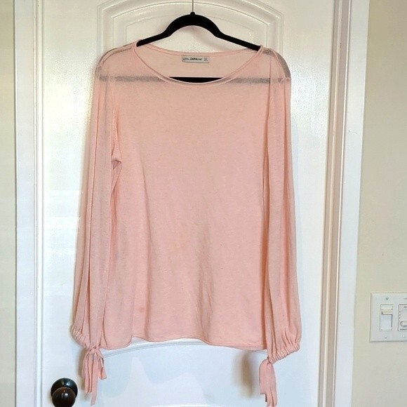 Zara Soft Knit Whisper Pink Slouchy Oversized Tie Sleeve Sweater SM - Picture 1 of 9